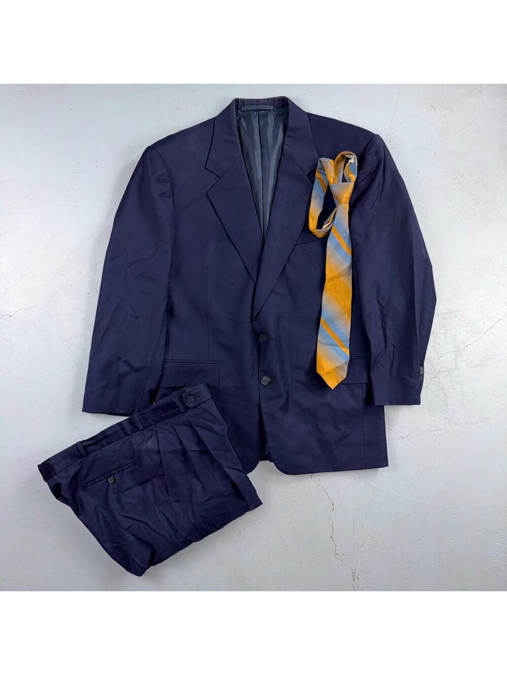 1990s Custom VTG Mens 2 PC Suit 40 Jacket Coat Pants Navy Blue Wool Rockabilly